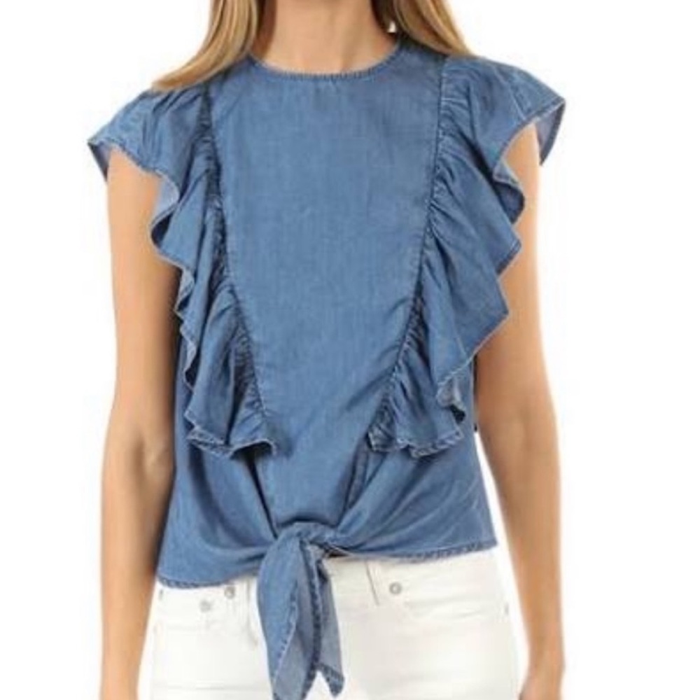 FRAME denim ruffles tie front top